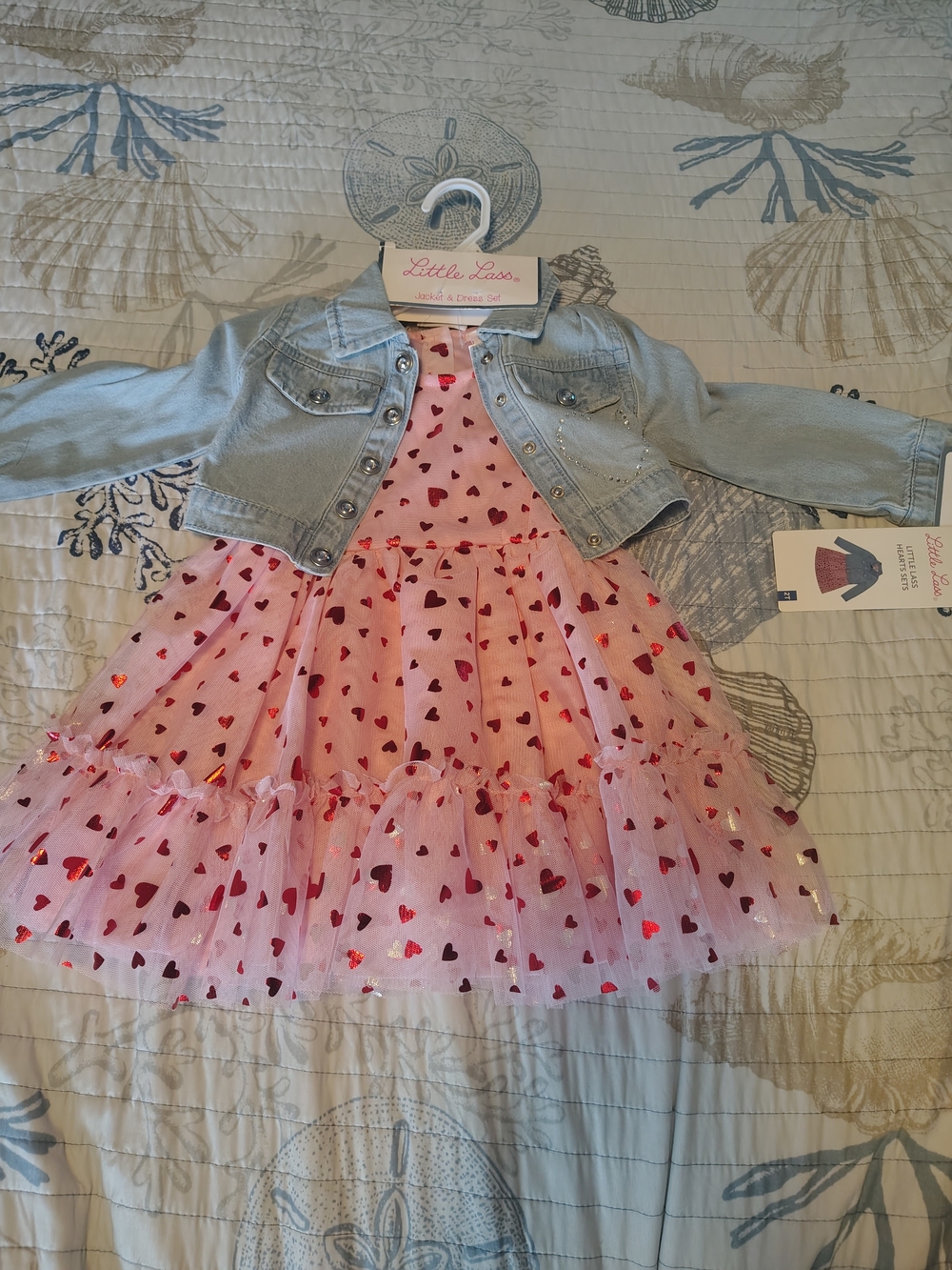 Little Lass Pink Tulle Dress with Red Heart Accents and Denim Jacket